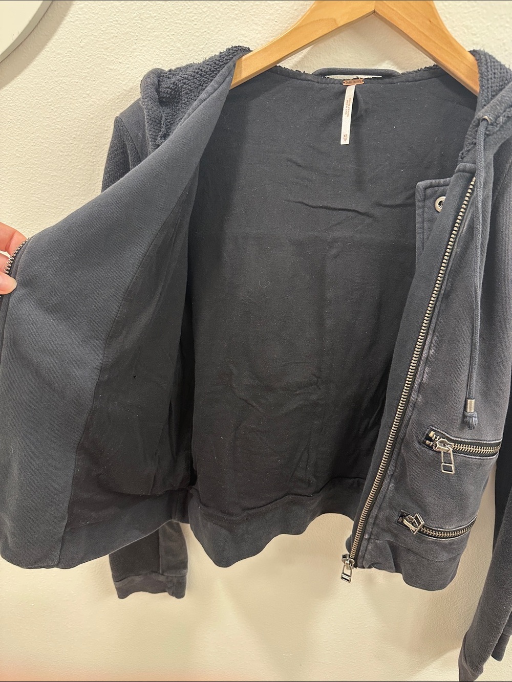 Free People Grungy Black Hooded Moto Jacket with Zip Pockets - XS - Picture 8 of 10